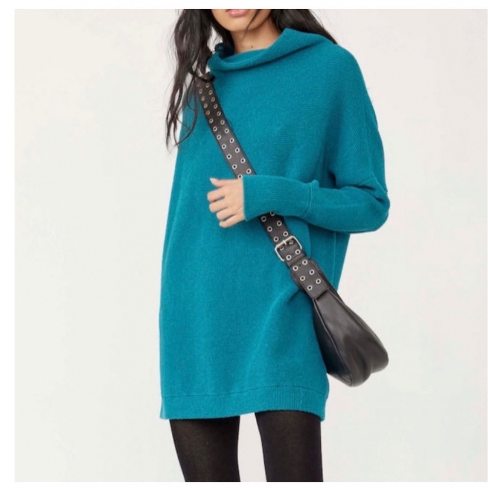 Free People Ottoman Slouchy Tunic Mock Neck Ribbed Sweater Teal Blue XL